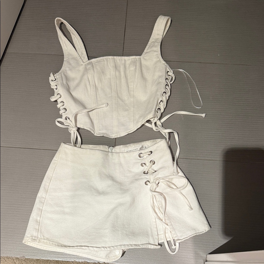 Altered state White denim Lace-Up Crop Top and Skirt Set